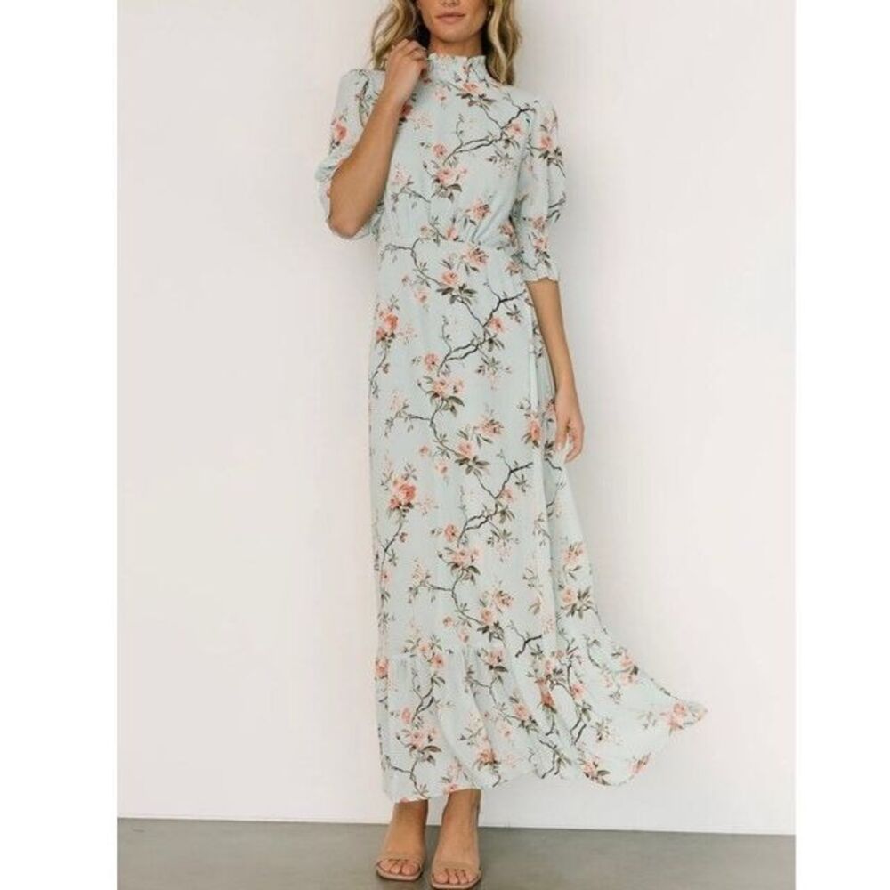 NEW BALTIC BORN MARIE SAGE FLORAL Maxi DRESS MOCK NECK Women XL Tiered Ruffle
